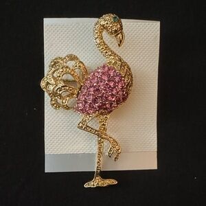 Flamingo Brooch in Gold tone with Pink Rhinestones